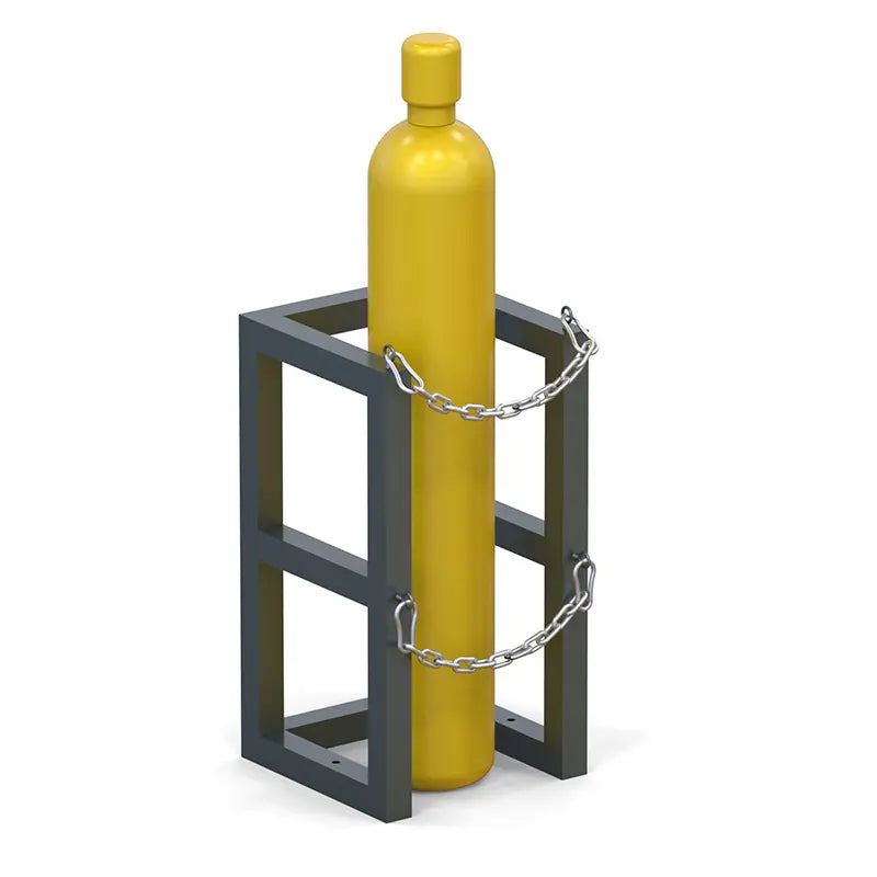 Compact gas cylinder rack model R1X1 holding one compressed gas cylinder securely with chain restraint