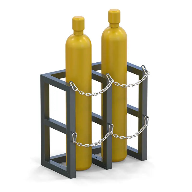 Gas cylinder rack R2X1 holding two compressed gas bottles secured with steel chains
