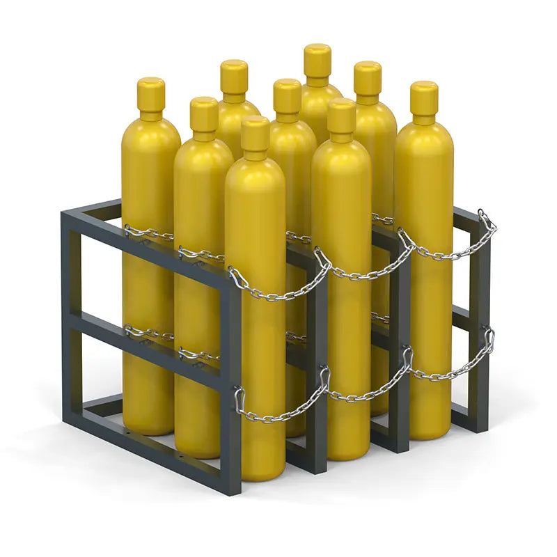 Gas cylinder rack R3X4 holding twelve compressed gas bottles secured with steel chains