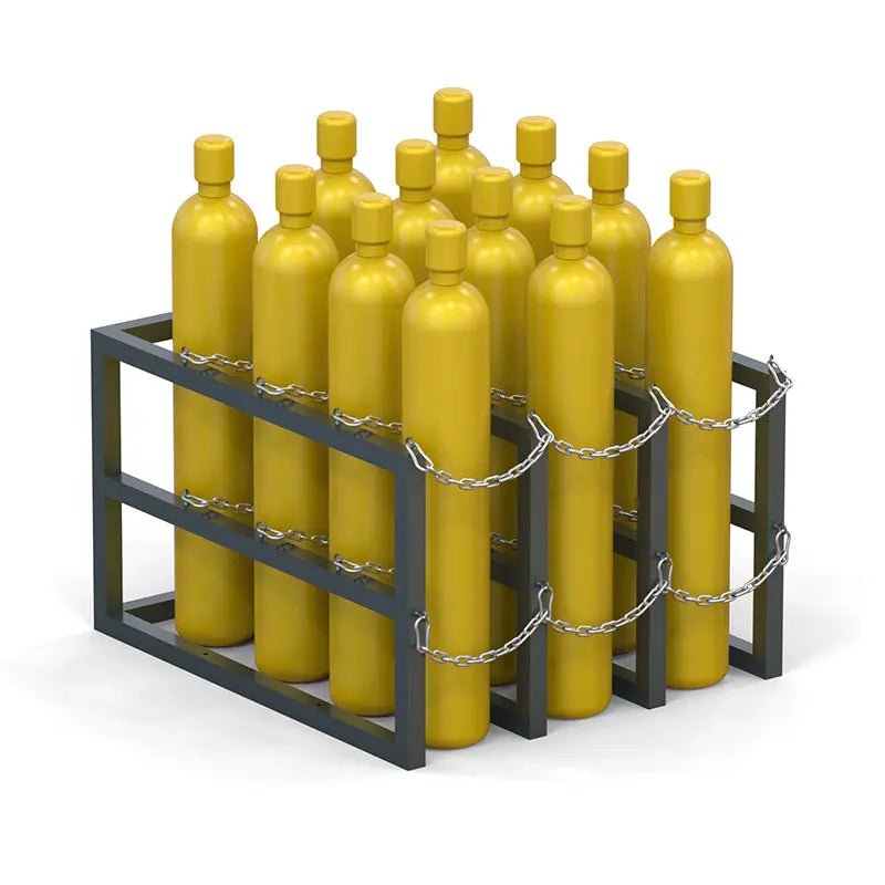 Gas cylinder rack R3X4 holding twelve compressed gas bottles secured with steel chains