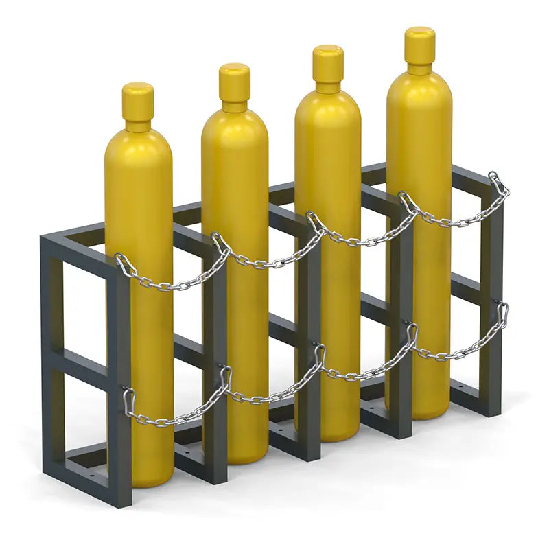 Gas cylinder rack R4X1 loaded with four compressed gas bottles secured with dual chain restraints
