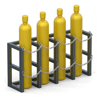 Gas cylinder rack R4X1 loaded with four compressed gas bottles secured with dual chain restraints