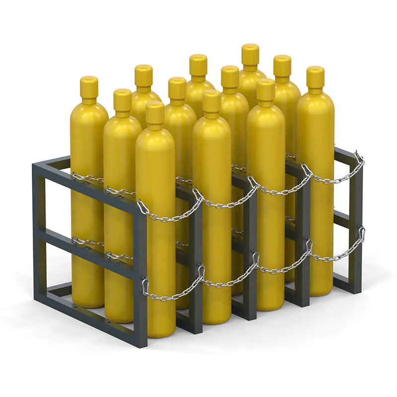 Gas cylinder rack R4X3 filled with twelve compressed gas bottles, OSHA and NFPA compliant