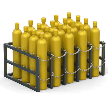 20 compressed gas cylinders held in a gas cylinder storage rack