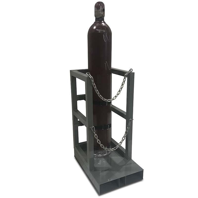 Gas cylinder pallet R2X2BPAL loaded with one red gas cylinder bottle secured with straps and chains